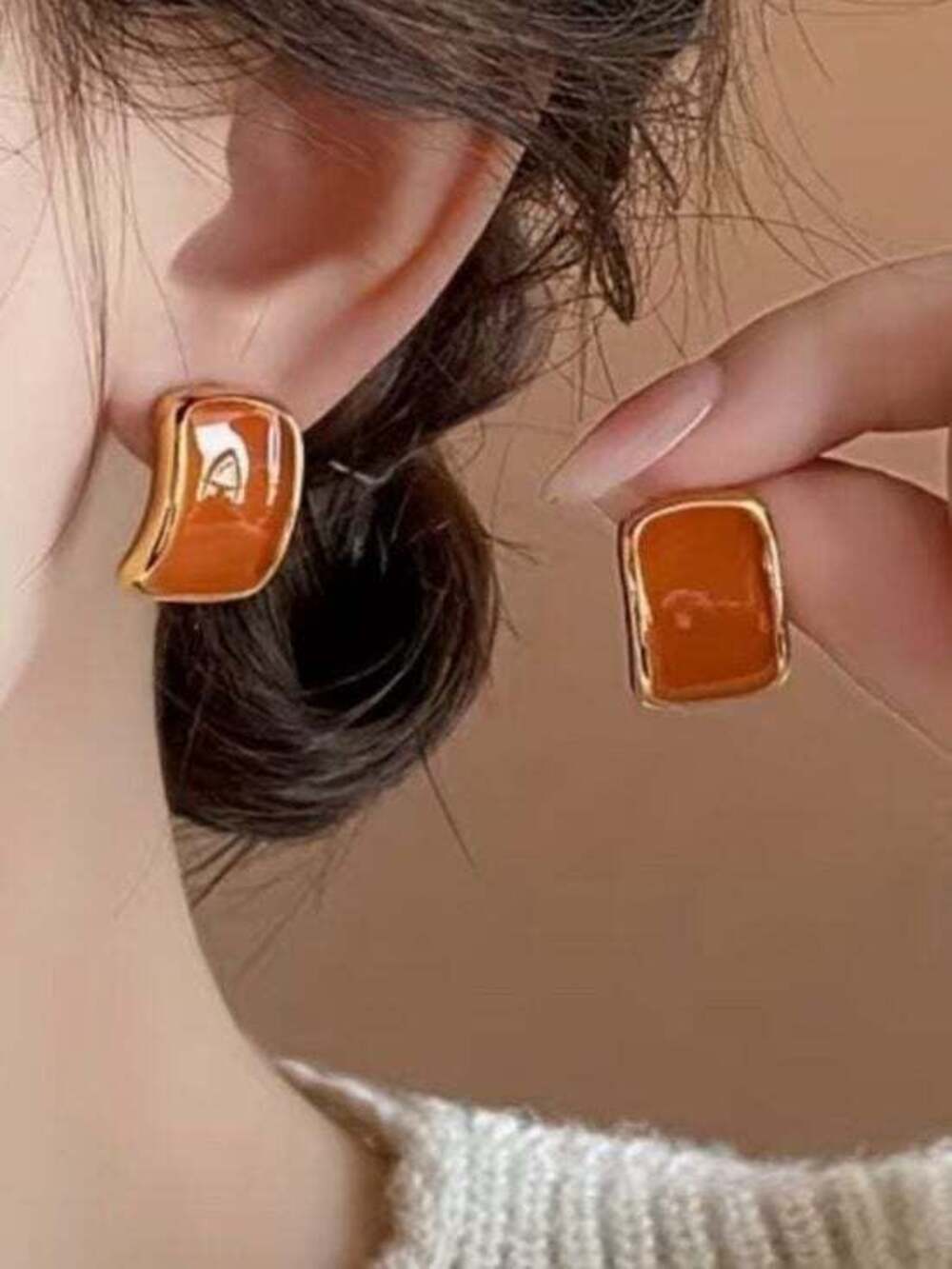 Gold-Trim Orange Rectangle Stud Earrings